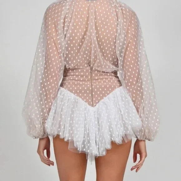 NWT The Dolls House Polka Dot Sheer Sleeve Bodysuit - Tan and White - Picture 3 of 12